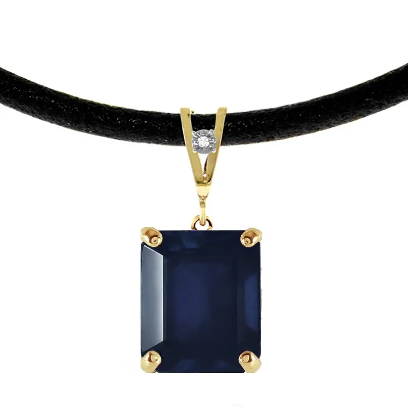 Raw crystal necklace-14K Solid Yellow Gold & Leather Necklace w/ Diamond & Sapphire