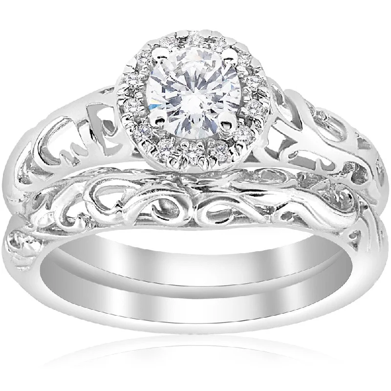 Bamboo style ring-14k White Gold 5/8ct TDW Diamond Halo Engagement Ring Matching Wedding Band Vintage Filigree Set (I-J,I2-I3)