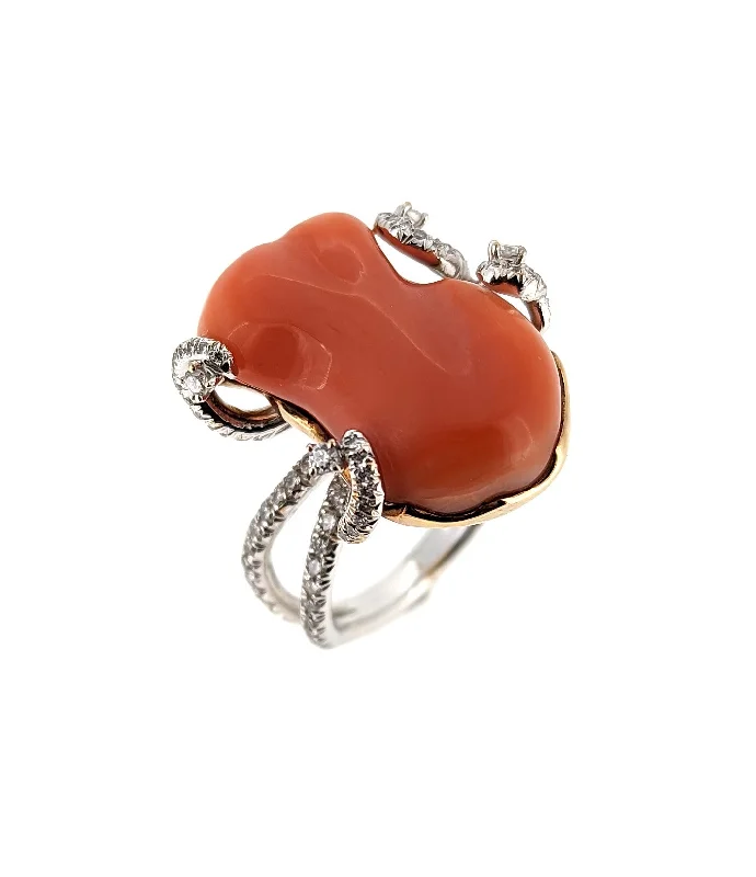 Vintage cameo ring-18K White Gold Natural Coral Ring with Diamond Accents