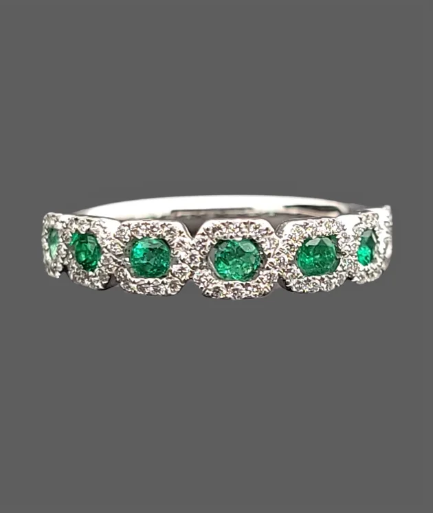 Adjustable birthstone ring-14K White Gold Natural Emerald Diamond Band Ring