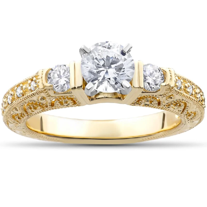 Triple stone ring-14k Yellow Gold 1 1/3ct TDW Eco-Friendly Lab Grown Vintage Filigree Diamond Engagement Ring