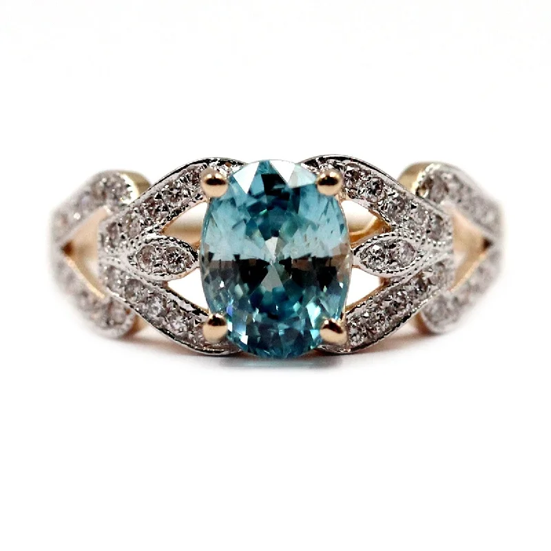 Cushion cut ring-14Kt Yellow Gold Blue Zircon and Diamond Ring