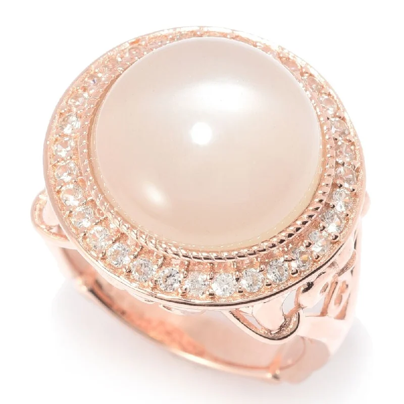 Bamboo style ring-14mm Round Moonstone & White Zircon Halo Ring