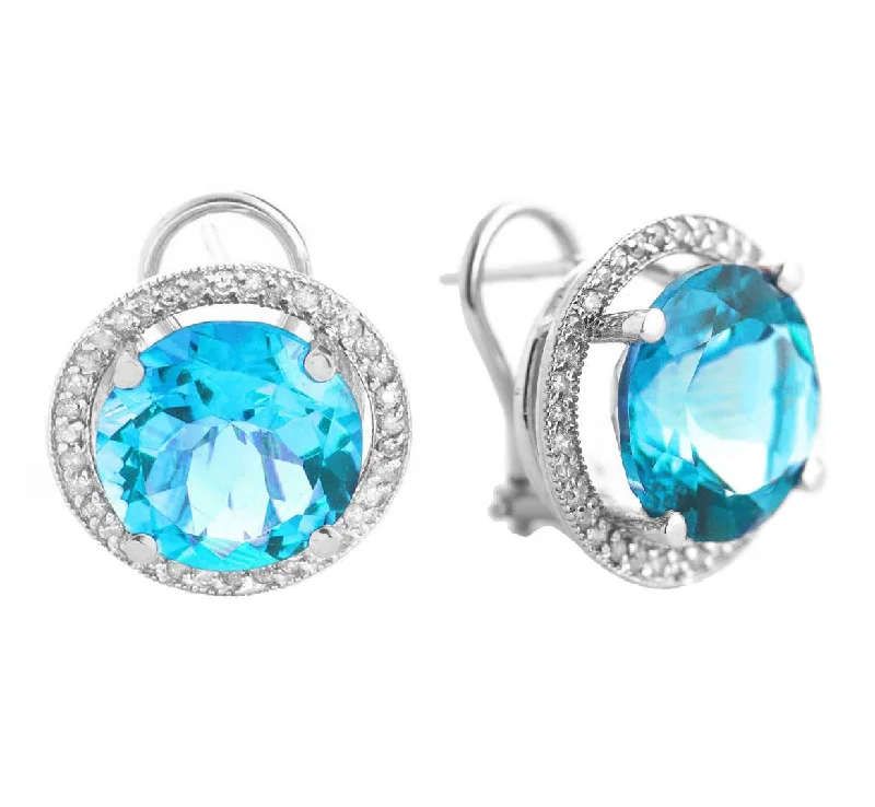 Knotted love earrings-16 Carat 14K Solid White Gold French Clips Earrings Diamond Blue Topaz