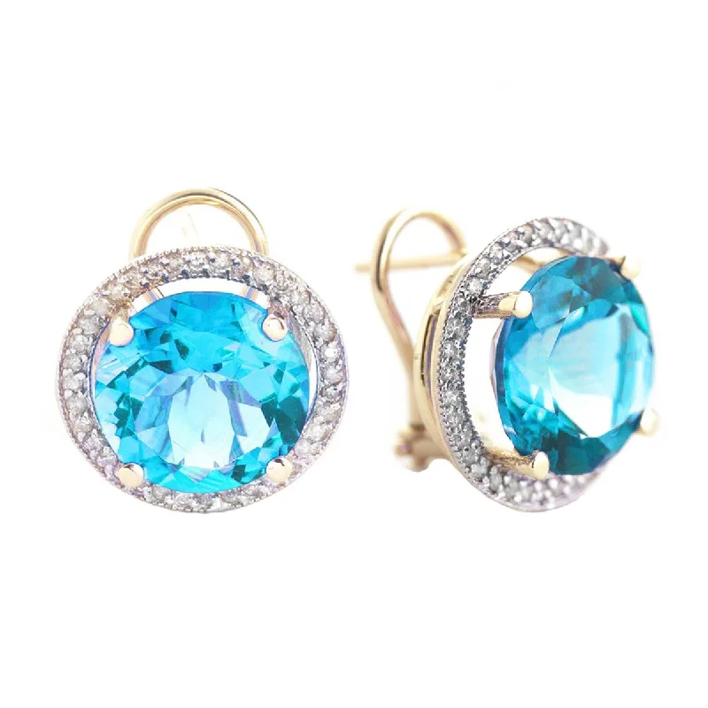 Retro style earrings-16 Carat 14K Solid Yellow Gold French Clips Earrings Diamond Blue Topaz