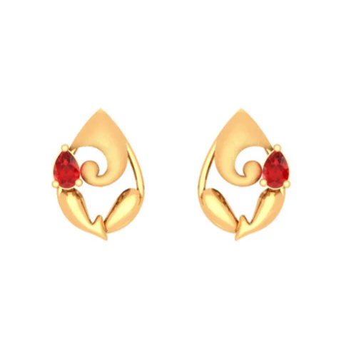 Sunburst design earrings-18k Lord Ganesha Gold Earrings With Bis Hallmark And Unique Red Gemstones.