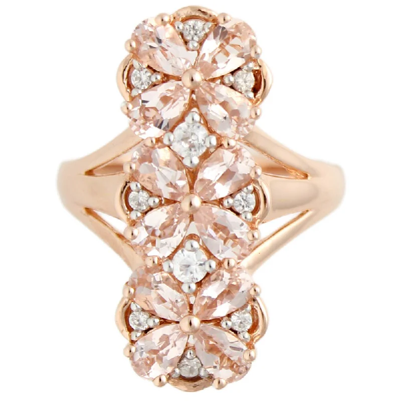 Elegant halo ring-18K Rose Vermeil over Sterling Silver Morganite White Zircon Elongated Flower Ring