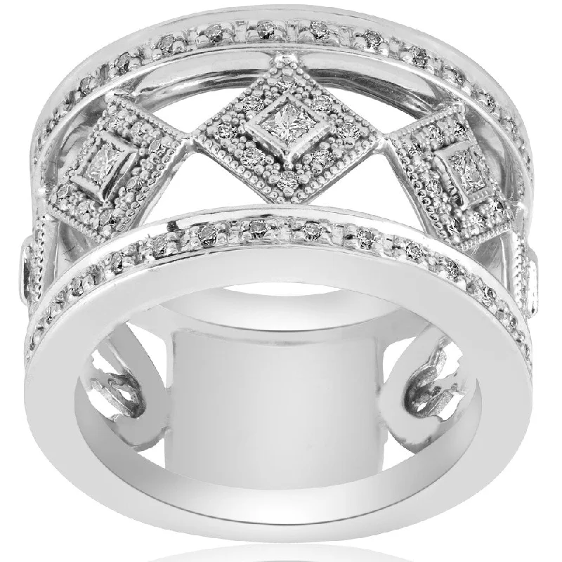 Mixed metal ring-18K White Gold 5/8 ct TW Diamond Vintage Princess Cut Bezel Set 13mm Wide Right Hand Ring (G-H,SI1-SI2)