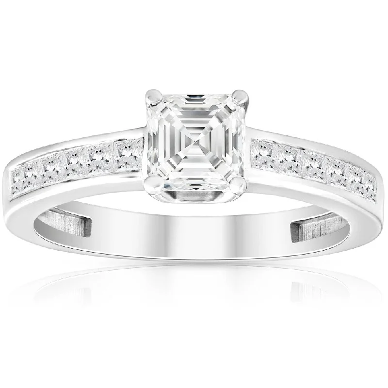 Art deco opal ring-1Ct Asscher Cut Moissanite & Princess Cut Diamond Engagement Ring 14k White Gold