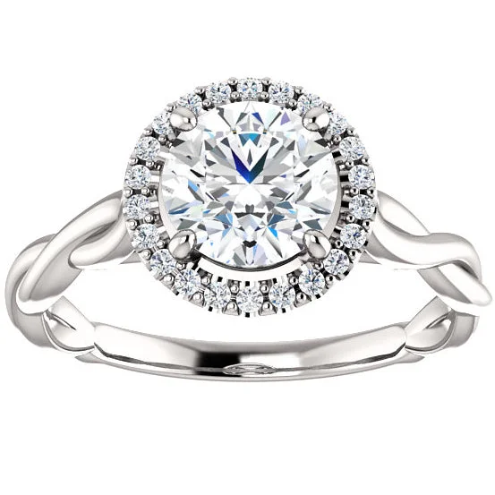 Floral engraved ring-1ct Diamond Halo Vintage Solitaire Round Cut Intertwined Band 14k White Gold