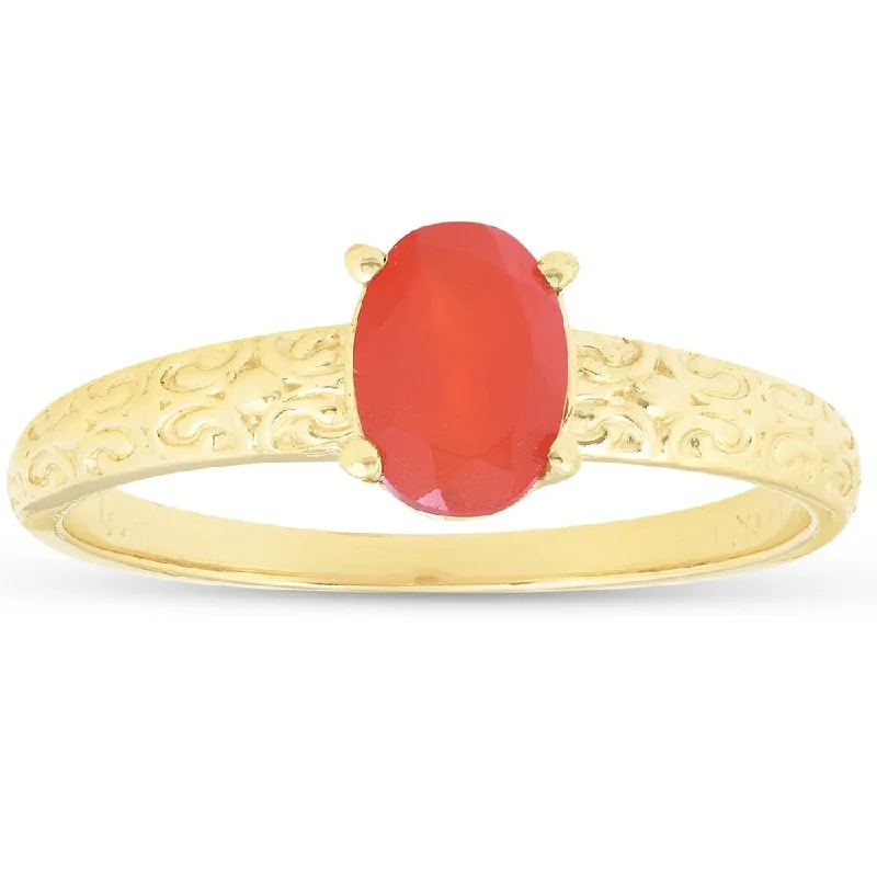 Chevron pattern ring-1ct Mexican Fire Opal Vintage Ring 14k Yellow Gold