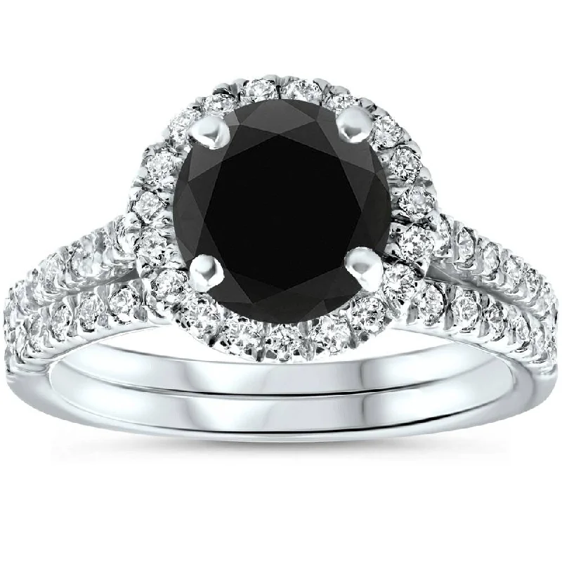 Twisted vine ring-2 1/2 Ct Treated Black Diamond Halo Engagement Wedding Ring Set 14K White Gold