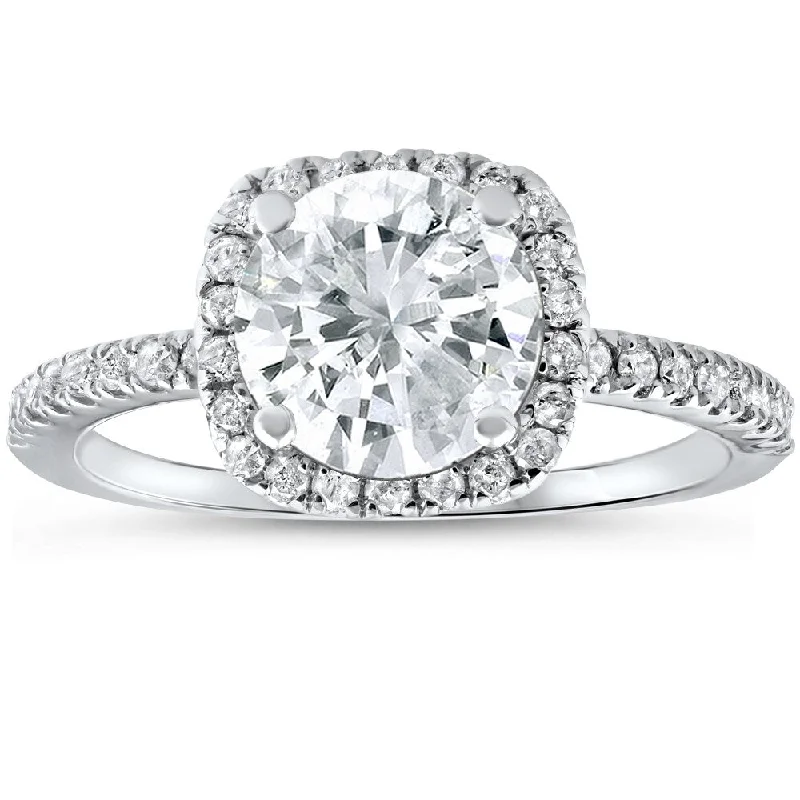 Double band cocktail ring-2 1/2 cttw Diamond Engagement Ring Cushion Halo Round Cut 14k White Gold