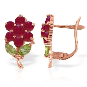 Oval garnet earrings-2.12 Carat 14K Solid Rose Gold Flower Ruby Peridot Clip Earrings