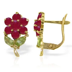 Enamel flower earrings-2.12 Carat 14K Solid Yellow Gold Fleur Ruby Peridot Clip Earrings