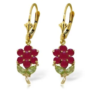 Pink tourmaline earrings-2.12 Carat 14K Solid Yellow Gold Fleur Ruby Peridot Leverback Earrings