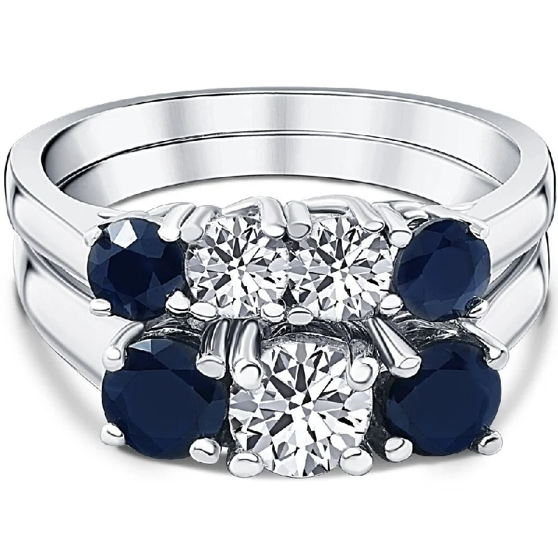 Triple stone ring-2 3/4ct Treated Blue Sapphire & Diamond Three Stone Ring Set White Gold