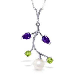 Wire wrapped necklace-2.7 Carat 14K Solid White Gold Chagrin Amethyst Peridot Pearl Necklace