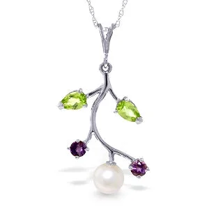 Sterling silver pendant necklace-2.7 Carat 14K Solid White Gold Necklace Amethyst, Peridot Pearl