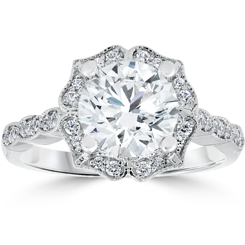 Elegant halo ring-2 ct Diamond Engagement Ring Vintage Halo Milgrain 14k White Gold Enhanced