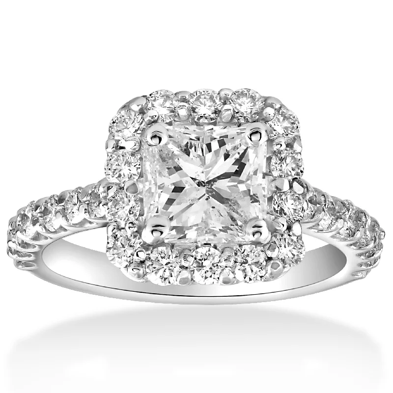 Side stone ring-2 cttw Halo Princess Square Cut Diamond Engagement Ring 14k White Gold