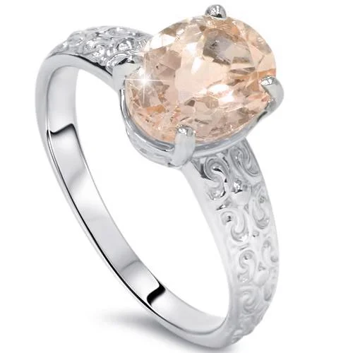 Dotted pattern ring-2ct Oval Morganite Vintage Ring 14K White Gold