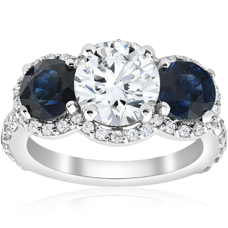 Spiral design ring-3 1/2 ct Sapphire & Diamond Halo 3-Stone Engagement Ring 14k White Gold