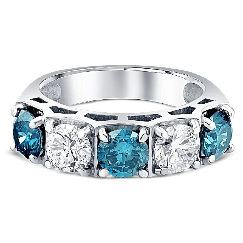 Rough stone ring-3 1/4Ct Blue Diamond Wedding Ring White Gold Lab Grown Anniversary 5-Stone Band