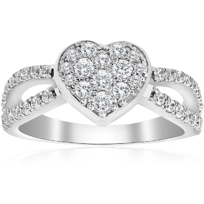 Crystal cluster ring-3/4 ct Heart Shape Pave Diamond Engagement Ring 10k White Gold