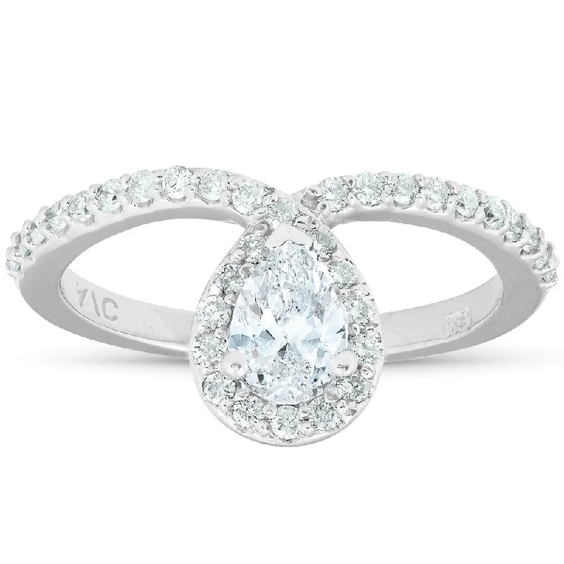 Modern minimalist ring-3/4 Ct Pear Shape Halo Diamond Twist Engagement Ring 14k White Gold