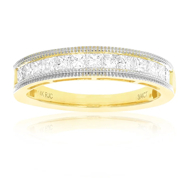 Adjustable moon ring-3/4 cttw Princess Cut Diamond Wedding Band with Milgrain 14K Yellow Gold 13 Stones