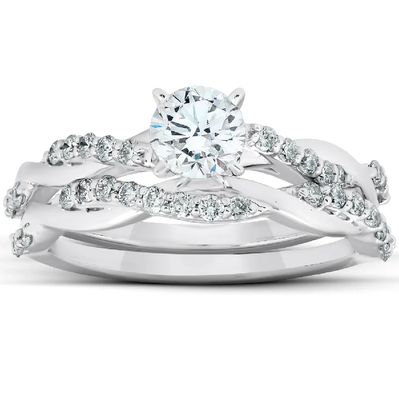 Marquise diamond ring-3/4Ct Diamond Infinity Engagement Ring Set 14k White Gold Maching Woven Band