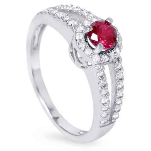 Minimalist stacking ring-3/4ct Ruby & Diamond Split Shank Ring 14K White Gold