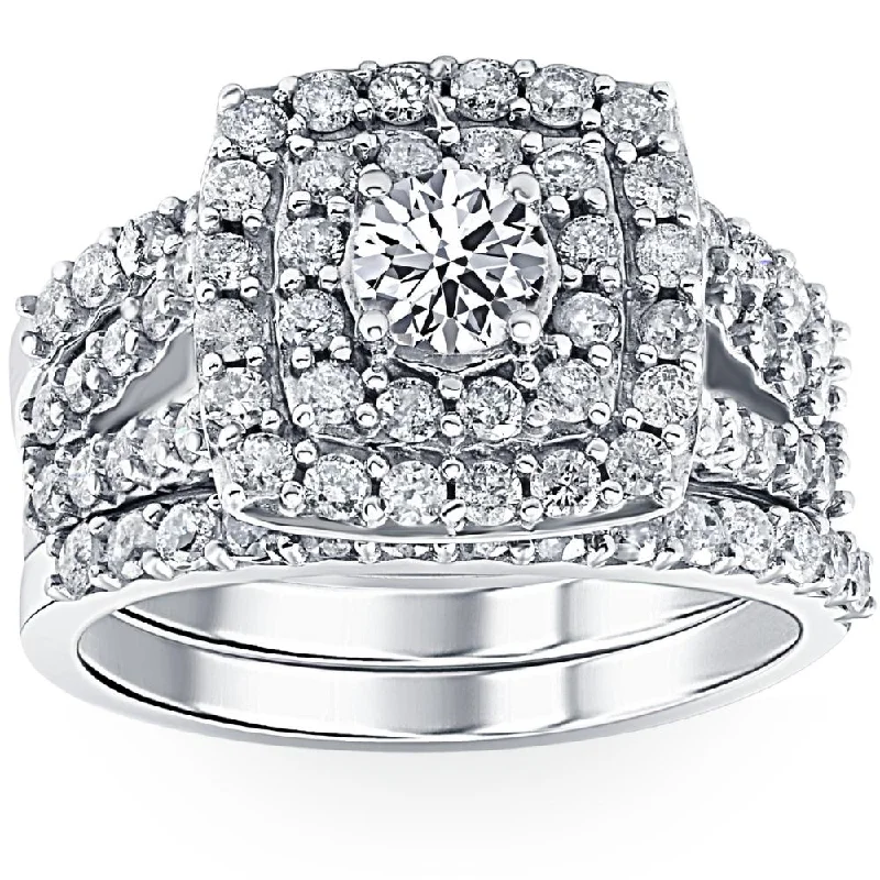 Victorian style ring-3 ct Diamond Engagement Wedding Double Cushion Halo Trio Ring Set 14k White Gold