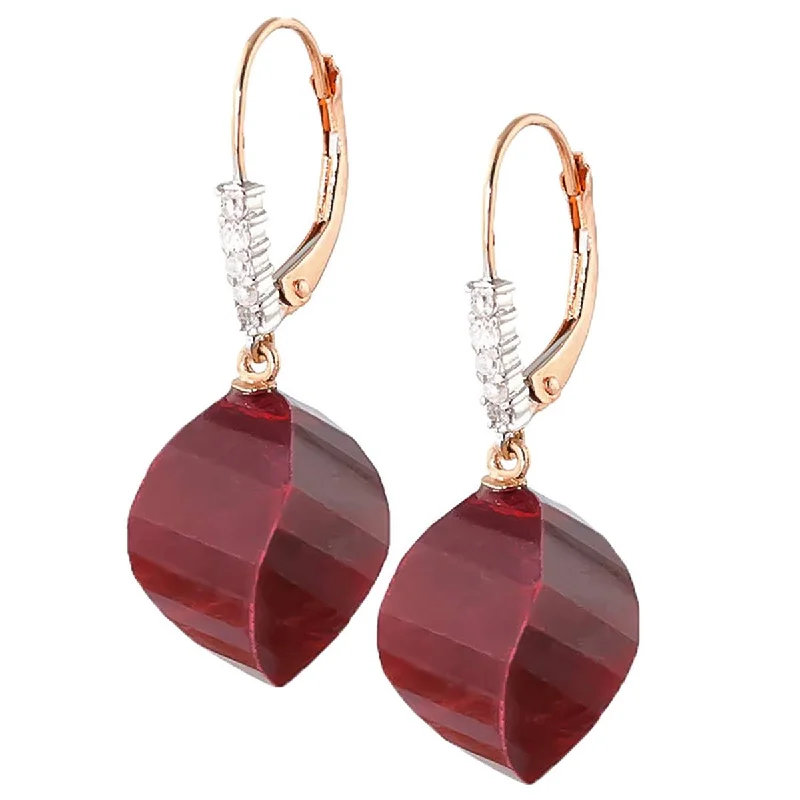 Long boho earrings-30.65 Carat 14K Solid Rose Gold Leverback Earrings Diamond Briolette Ruby