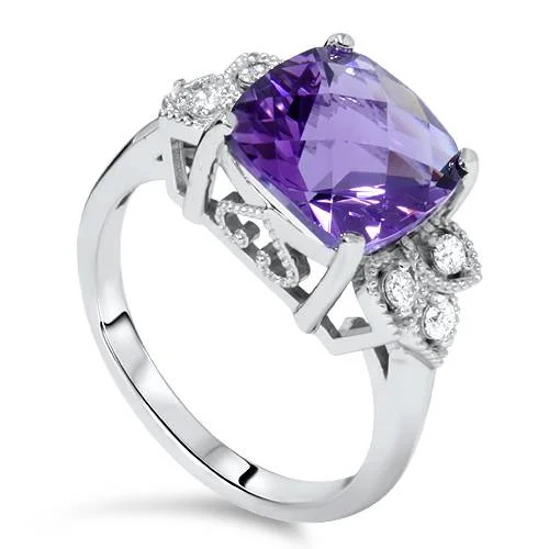 Heartbeat rhythm ring-4 1/4ct Cushion Amethyst Vintage Diamond Ring 14K White Gold