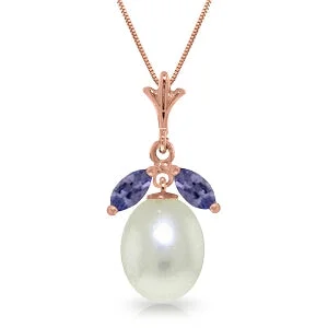 Square pendant necklace-4.5 Carat 14K Solid Rose Gold Necklace Pearl Tanzanite