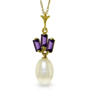 Long boho necklace-4.68 Carat 14K Solid Yellow Gold Plum Blossom Amethyst Pearl Necklace