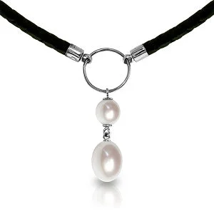 Triple layer necklace-6 Carat 14K Solid White Gold Leather Necklace Natural Pearl