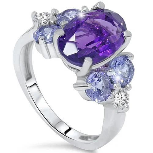 Hammered silver ring-7 1/3ct Amethyst Pastel Sapphire & Diamond Ring 14K White Gold