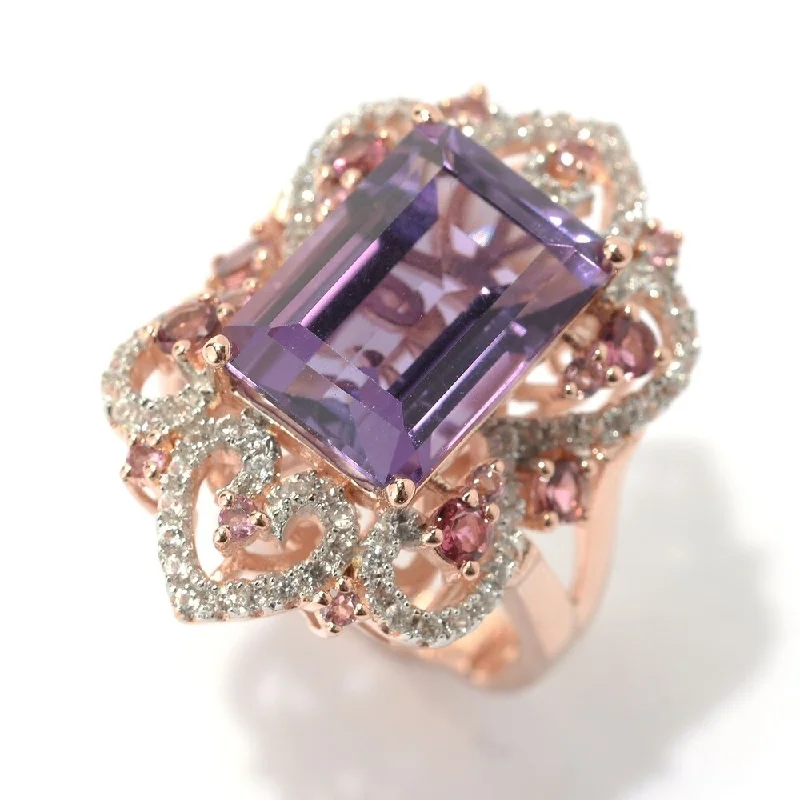 Sterling silver promise ring-7.18ctw African Amethyst, Pink Tourmaline & White Zircon Ring