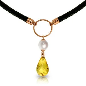 Dotted pattern necklace-7.5 Carat 14K Solid Rose Gold Leather Necklace Pearl Citrine