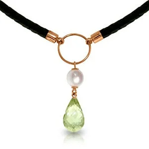 Vintage coin necklace-7.5 Carat 14K Solid Rose Gold Leather Necklace Pearl Green Amethyst