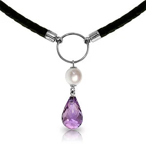 Infinity twist necklace-7.5 Carat 14K Solid White Gold Leather Necklace Pearl Amethyst