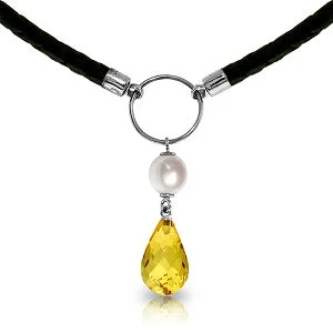 Bamboo style necklace-7.5 Carat 14K Solid White Gold Leather Necklace Pearl Citrine