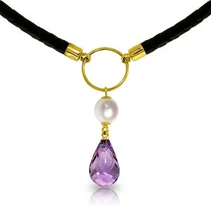 Rough stone necklace-7.5 Carat 14K Solid Yellow Gold Leather Necklace Pearl Amethyst