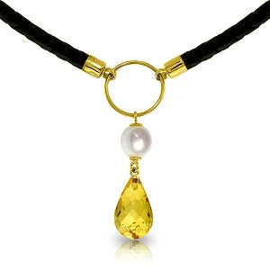 Elegant halo necklace-7.5 Carat 14K Solid Yellow Gold Leather Necklace Pearl Citrine