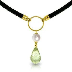 Long boho necklace-7.5 Carat 14K Solid Yellow Gold Leather Necklace Pearl Green Amethyst