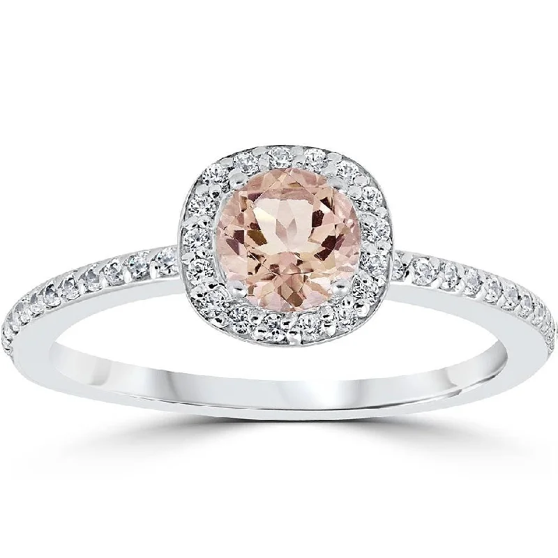 Wave design ring-7/8ct Round Morganite & Diamond Cushion Halo Engagement Ring 14K White Gold