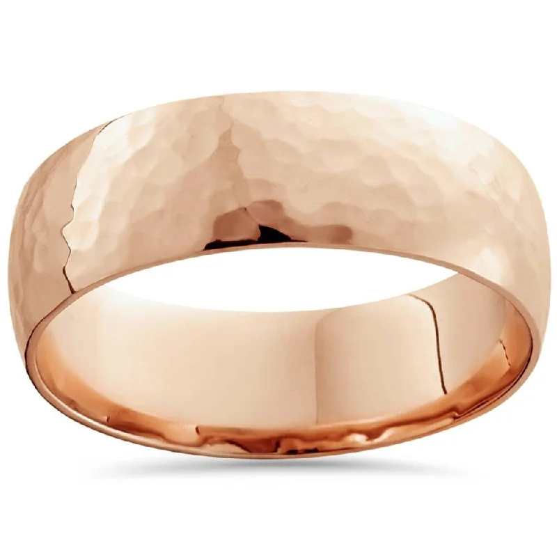 Elegant halo ring-7mm 14K Rose Gold High Polished Hammered Mens Wedding Band